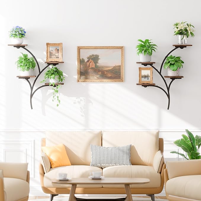 POZILAN Wall Planters for Indoor Plants, 2 Pack 8 Tiered Wall Mount Plant Holder, Sturdy Metal & Wood Hanging Planters for Living Room Window, Wall Plant Stand Indoor for Home Decor & Multiple Plants