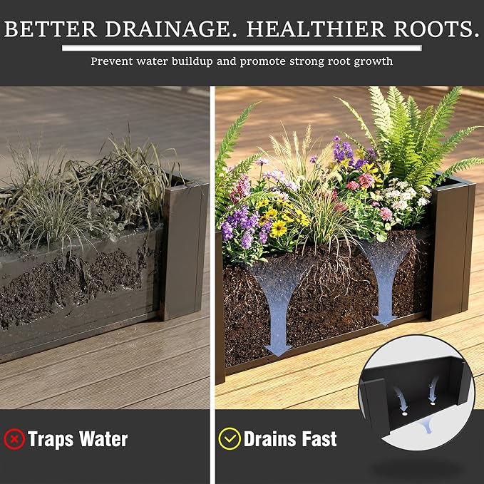 Rustproof Metal Planter Box 32 Inch Outdoor, Galvanized Steel Raised Garden Bed with Drainage Holes, Large Deep Rectangular Planter for Patio Balcony Porch Backyard