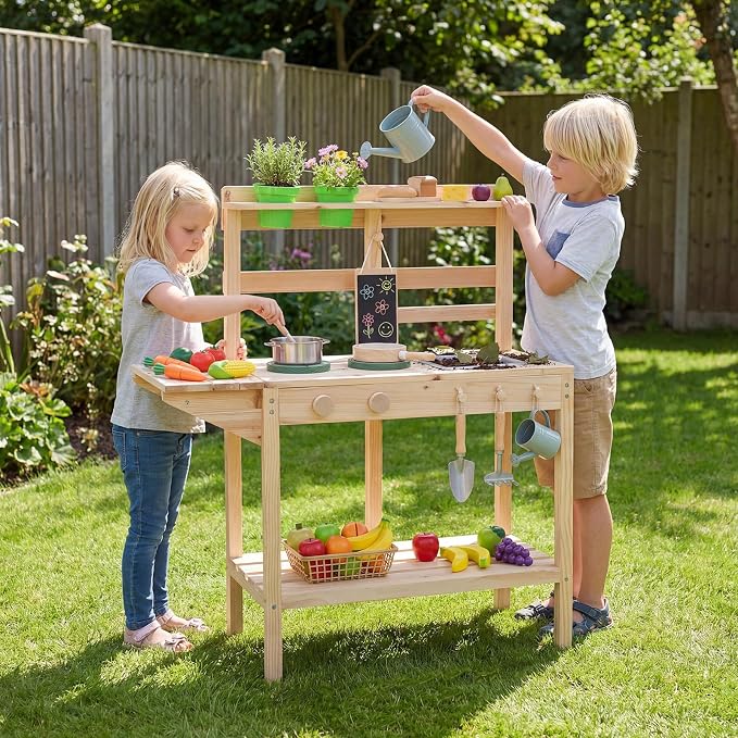 HONEY JOY Mud Kitchen, Fir Wood Mud Table Potting Bench for Kids Outdoor, Chalkboard, Flowerpots, Montessori Outdoor Play Kitchen for Toddlers, Children Backyard Furniture for Garden Patio, Natural
