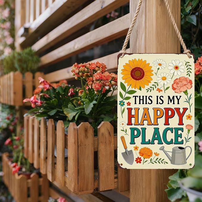 PEACHGARDEN Garden Signs This Is My Happy Place for Woman Gifts Garden Wall Decor Metal Tin Sign for Patio Yard She Shed Cabin 12x16 inch