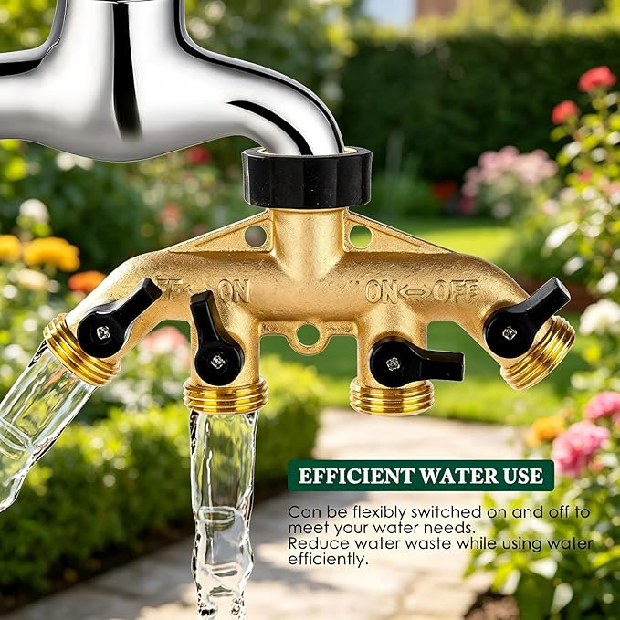 Dalmbox Garden Hose Splitter 4 Way, Water Hose Splitter, 3/4" Heavy-Duty Brass Garden Hose Splitter, Includes 5 Rubber Washers & Teflon Tape(1 pack)
