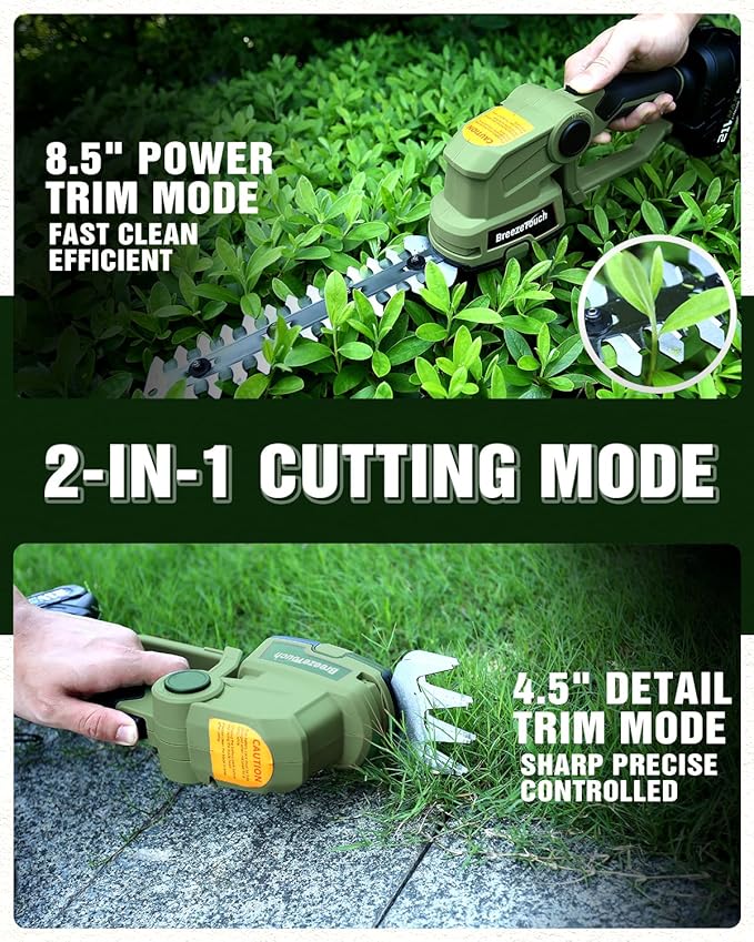 Breeze Touch 21V Hedge Trimmer Cordless with Battery and Charger, 2-in-1 Bush Trimmer Cordless & Grass Shear, Handheld Electric Hedge Trimmers with 4.5"/8.5" Blades for Garden & Lawn