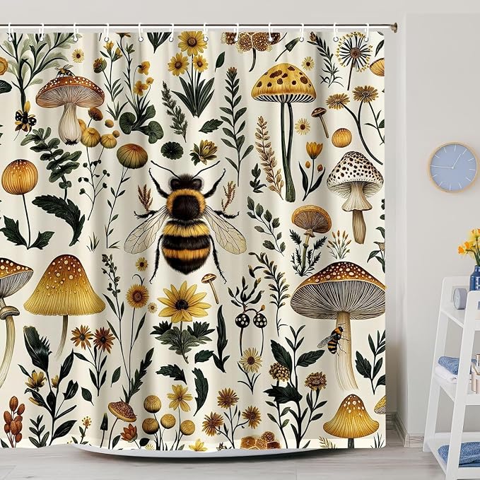 Rustic Boho Mushroom Shower Curtain, Vintage Chic Bee Mushroom Botanical Floral Farmhouse Cottagecore Aesthetic Shower Curtain Set with Hook, Fairy Witchy Plant Shower Curtain for Bathroom 72X84 Beige