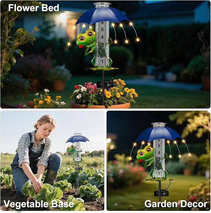 shumi Rain Gauge Outdoor, Solar Frog Rain Gauges with LED Lights ard Decor, Garden Statues Frog Gifts for Women, Yard Art Ornament for Yard Patio Garden Decor, Gardening Gifts for Women