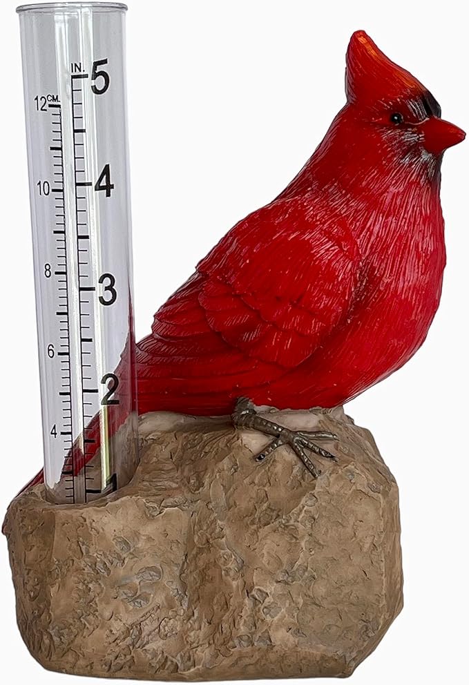 Gift Essentials Cardinal Decorative Rain Gauge Outdoor - Resin Bird Figurine on Rock Base - Removable Tube Measures Up to 5 Inches of Rainfall - Garden Decor Gift