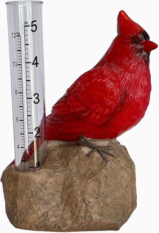 Gift Essentials Cardinal Decorative Rain Gauge Outdoor - Resin Bird Figurine on Rock Base - Removable Tube Measures Up to 5 Inches of Rainfall - Garden Decor Gift
