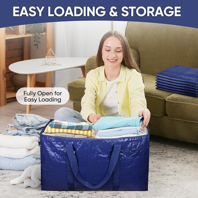TICONN 6 Pack Extra Large Moving Bags Heavy Duty with Zippers & Carrying Handles, Durable Storage Bags Moving Boxes for Closet Organizers and Storage (6 Pack, Navy)