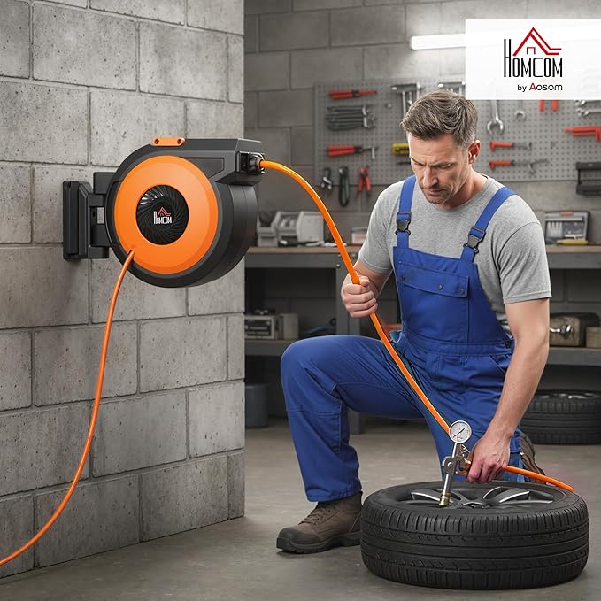 HOMCOM Retractable Air Hose Reel, Wall Mounted Air Compressor Hose Reel with Swivel Bracket, Auto Rewind, 3/8 in x 82 ft, 6.6 ft Lead in, 300 PSI, Air Coupler, Black and Orange