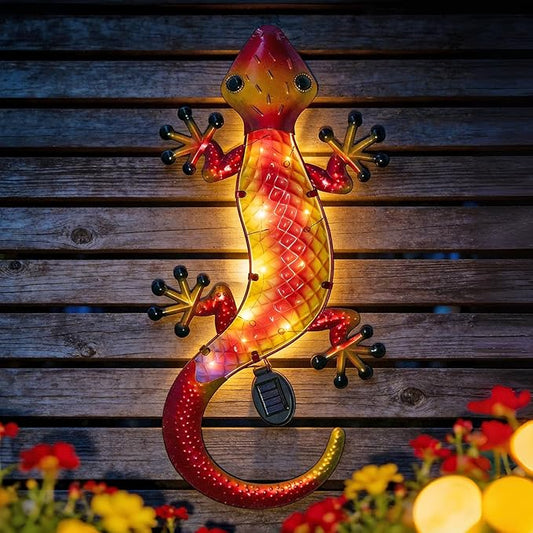 HONGLAND Solar Lizard Wall Decor-30 Inch 3D Gecko Metal Wall Art Outdoor Hanging Glass Sculpture, Yard Decorations Outdoor for Garden Fence