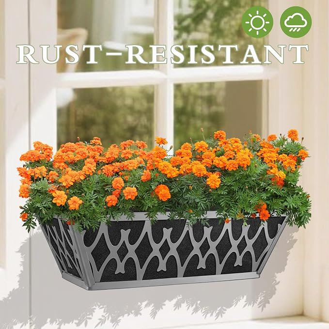 2 Pack 16 Inch Window Boxes Planters Railing Planter Box with Adjustable Brackets & Non-Woven Fabric Plant Grow Bags Deck Railing Planter Boxes Balcony Hanging Flower Box for Outdoor Plants