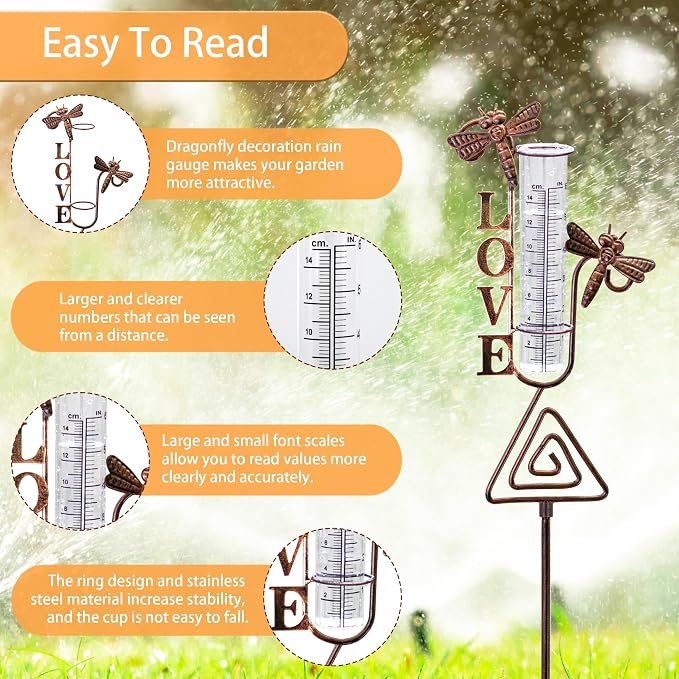 Rain Gauge Outdoor, coppery Dragonfly Rain Gauge for Measuring Precipitation, Garden Decoration (Dragonfly)