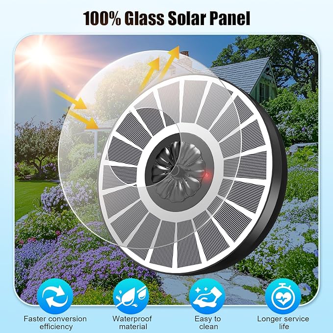 Solar Water Fountain Works in Cloudy Weather,Solar Fountain for Bird Bath 3.5W Faster Conversion Glass Solar Panel,Power Indicator Replaceable Nozzles,Built-in 2000mAh Battery(White Panel)