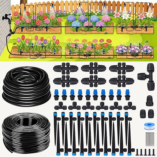 240FT Drip Irrigation System Kits, Quick-Connect Garden Watering System for Raised Bed, Potted Plants, Lawn, Greenhouse with 1/2 inch Hose 1/4 inch Tubing and Accessories