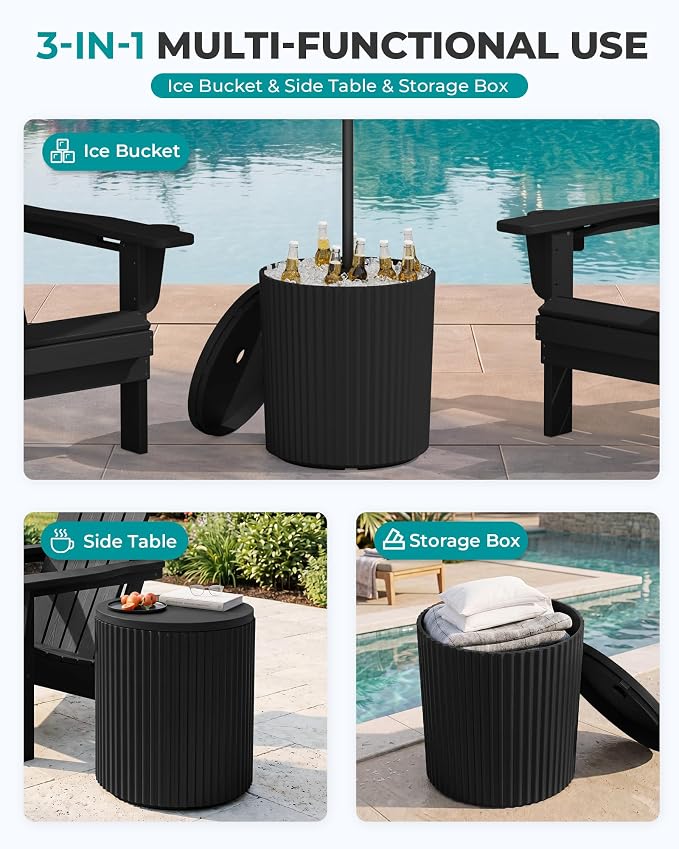 SERWALL Round Outdoor Umbrella Side Table Set of 2 - Outdoor Patio Table with Umbrella Hole for Porch/Patio/Poolside, Black