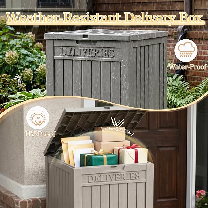 Outdoor Storage Box, 65 Gallon Package Delivery Boxes for Outside, with Lockable Secure, Deck Box Outdoor Waterproof for Entryway, Front Porch, Backyard, Garden, Patio, Lawn, Grey