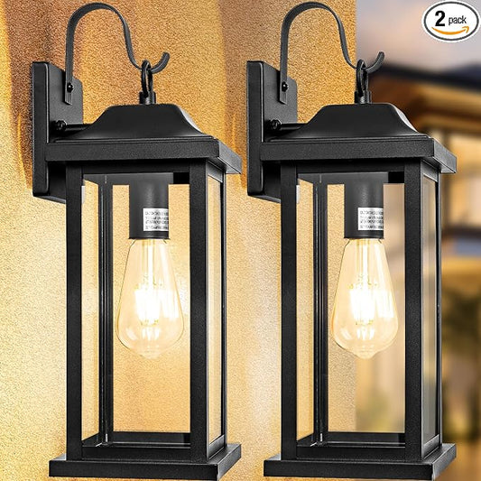 2-Pack Large Outdoor Light Fixtures IP65 Waterproof, Exterior Matte Black Sconces Wall Lighting Anti-Rust Porch Lights Outdoor with Clear Glass 17” Outside Modern Wall Lanterns for House