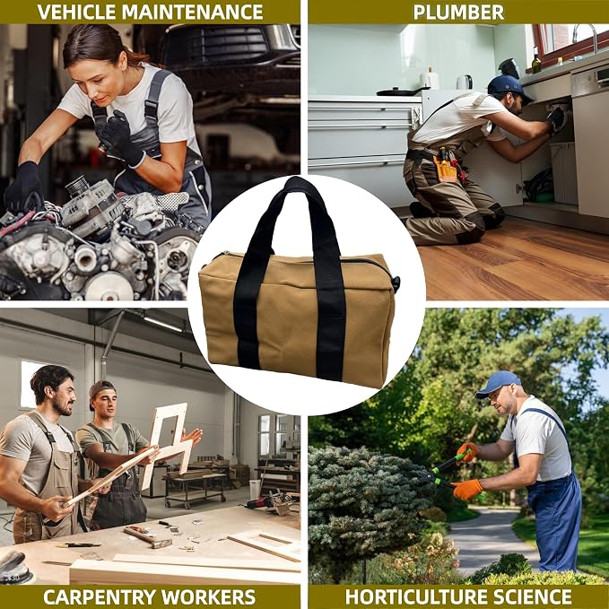 BLIRITEL Wide Mouth Tool Bag, Heavy Duty Canvas Tool Storage Bag, Large Capacity Handbag, Multi-function Tool Organizer Tote Bag for Storage Wrenches Pliers (Khaki, 14 Inch)