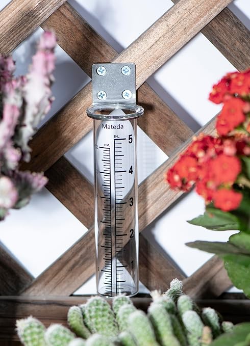 5 inch Capacity Rain Gauge with Stainless Steel Fence Mounting Rack Holder with 2 Pcs Replacement Tube Glass, Post Mount Rain Gauge for Yard Garden Outdoor Home