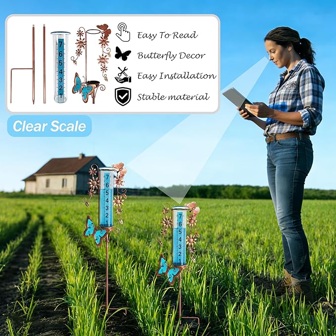 Rain Gauge Outdoor, 7" Freeze Proof Rain Gauges Outdoors Best Rated, Accurate & Easy to Read, Decorative Rain Measure Gauge for Yard Garden Patio(Butterfly & Flower)