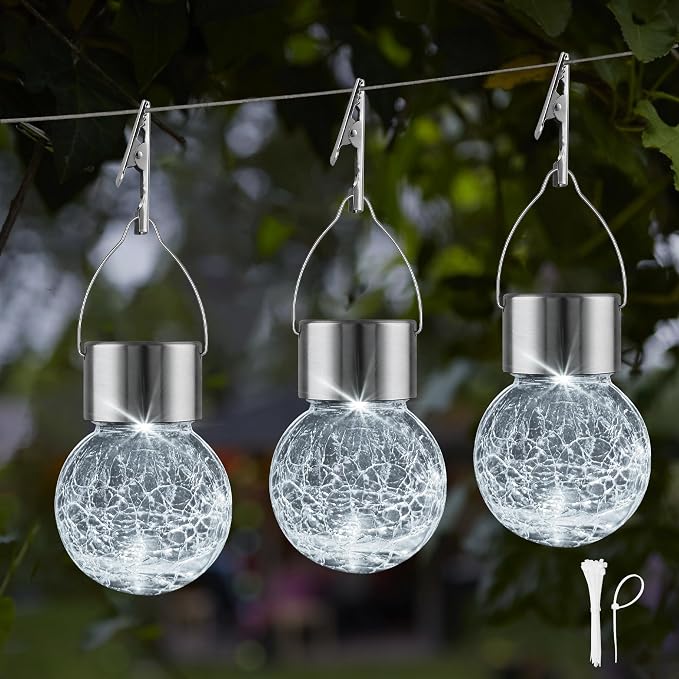 Solar Lights Outdoor Hanging Decorative Globe 24 Pack, Waterproof Solar Lantern with Handle and Clip, Solar Powered Glass Ball Lights for Garden Yard Fence Tree Umbrella Holiday Décor, Cold White