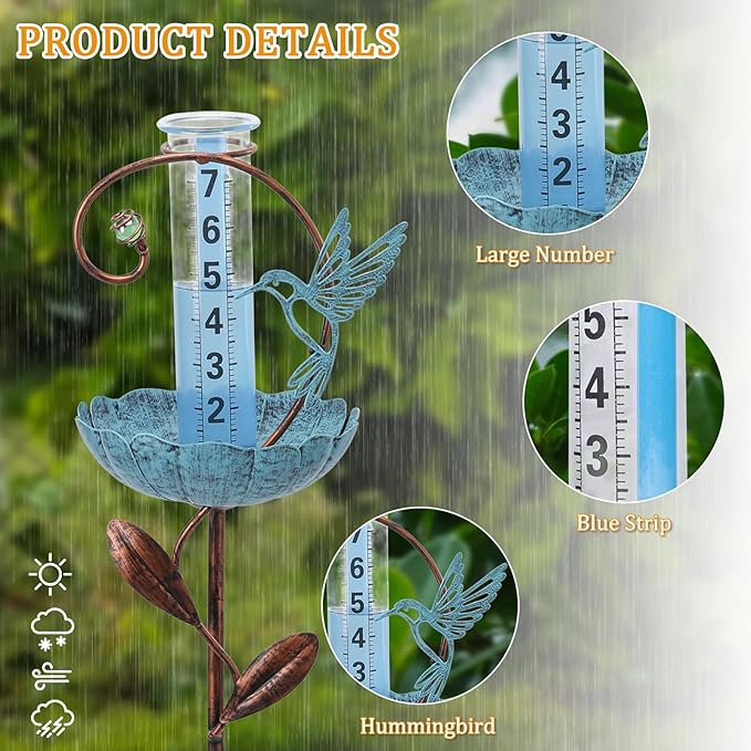 WONDER GARDEN Rain Gauge Outdoor, Decorative Hummingbird Rain Gauges Outdoors Best Rated, Freeze Proof Glass Water Rain Measure Gauge with Bird Feeder for Yard Patio Lawn Decor