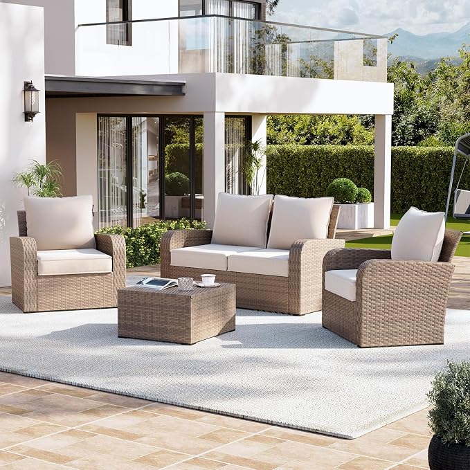 Aoxun Replacement Cushions for Outdoor Furniture, 4-Piece Outdoor Cushions for Patio Furniture, Deep Seat, Waterproof & Fade Resistant Couch Cushion for 4-Seat Patio Conversation Sets, Beige