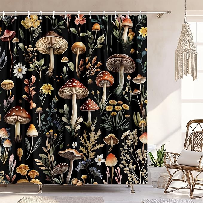 Vintage Mushroom Shower Curtain, Witchy Aesthetic Black Boho Floral Retro Botanical Shower Curtain Set, Fairy Dark Wildflower Plant Decorative Farmhouse Bathroom Accessories Curtain with Hook 72X78IN