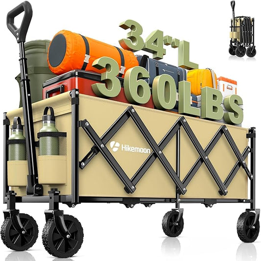 Hikemoon 34'' Extra Long Collapsible Wagons Carts Foldable, 360LBS Heavy Duty Folding Beach Wagon with Wheels, Portable Utility Outdoor Cart for Grocery, Garden, Sports, Camping, Khaki
