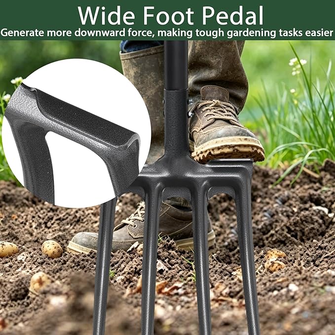 Pitch Fork, Metal Broadfork Garden Tool Long Handle, 4 Tine Mulch Hay Manure Digging Bedding Hay Potato Garden Fork Shovel for Gardening Loosening Soil Compost