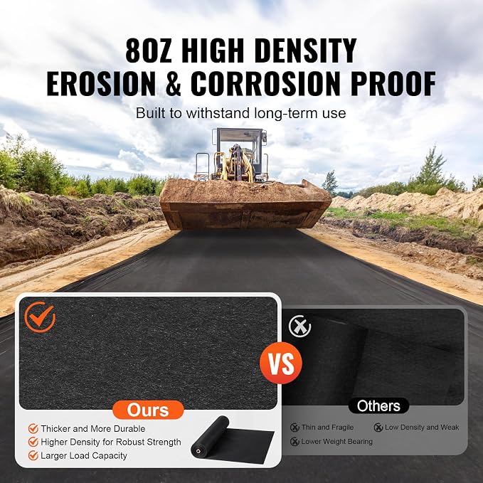 VEVOR 6FTx100FT Non-Woven Geotextile Heavy Duty 8oz Driveway Underlayment for Gravel, Ground Cover, Garden Weed Barrier, Drainage Fabric, Landscaping, Black | Withstand Harsh Environment,Excellent Permeability and Breathability
