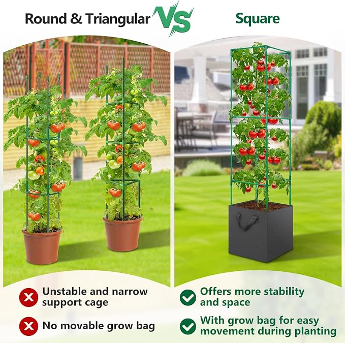 3 Pack Tomato Cage for Garden, Upgraded Fiberglass Garden Trellis with 3 PCS Grow Bags, Square Tomato Planter Support Garden Cages for Cucumber Vegetables Vertical Climbing Plants