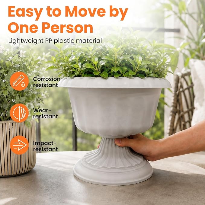 Usocik 12 Inch PP Resin Urn Planters 2 Pack Stone Gray | 2 pack stone gray PP resin urn planters with solid bottom for porch patio entryway balcony and indoor decor