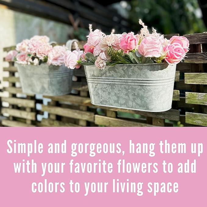LaLaGreen Outdoor Plants Rail Planter (15 Inch, 2 Pack) Silver Metal Iron Hanging Flower Pot Deck Railings Fence Bucket Modern Boho Style Wall Mount Window Box Plant Wall Hanger Hooks Porch Home Decor
