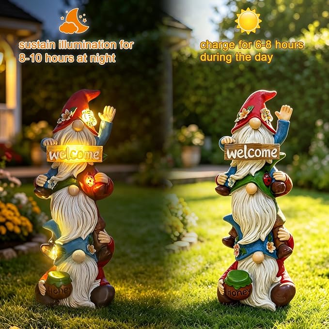 Garden Gnome Statue Solar Lights, Funny Faceless Triple Gnomes Sculptures Spring Decorations Outdoor Porch Patio Lawn Yard Art Balcony Home Decor Figurine, Birthday Gifts for Woman Mom Grandma