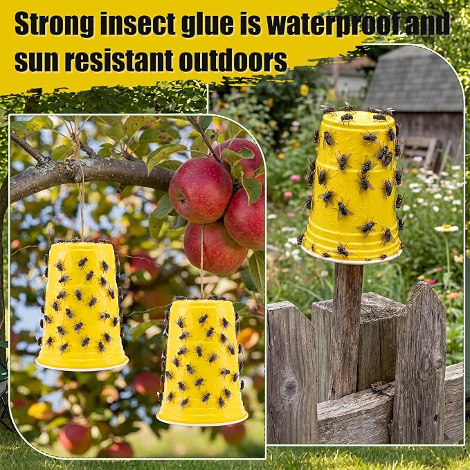 Insect Trap Sticky Coating with Brush and 12 Pcs Plastic Cups, 8 oz Insect Barrier Kit Outdoor DIY Adhesive Coating Pests for Gardens Greenhouses Orchards Plants(Gnat Trap Kit)