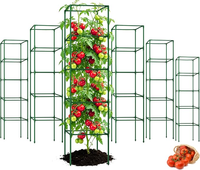 ZeeDix 6 Pack Heavy Duty Tomato Cages, 72 Inches Square Adjustable Tomato Trellis with 40Pcs Clips, Extra Tall Plant Support Stakes for Climbing Vegetables, Flowers, Raised Garden Bed & Pots