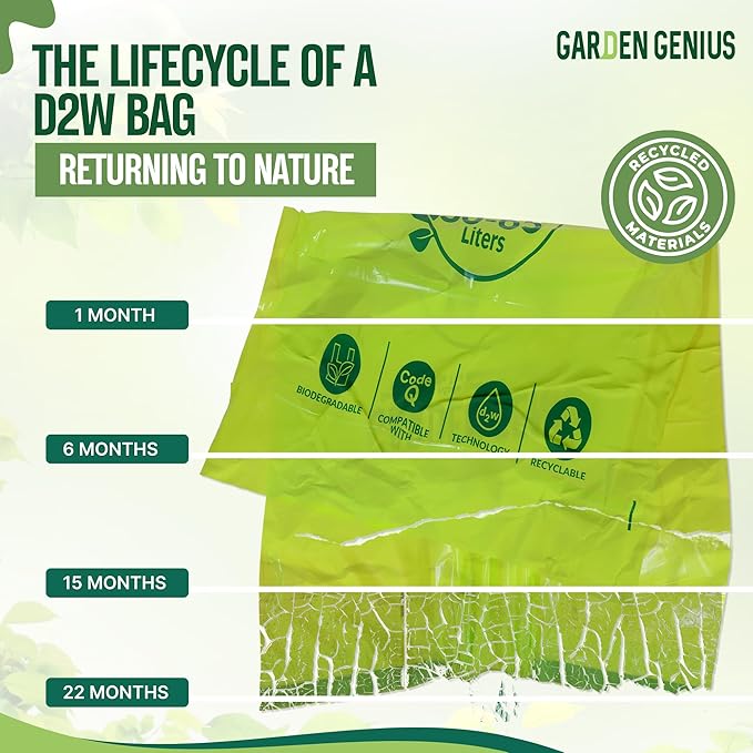 Biodegradable 13-17 Gallon Code-Q Trash Bags (50 Pack) | Strong Heavy-Duty Tall Green Kitchen Bags w/ Drawstring | Fits Simplehuman & Standard Cans | Eco-Friendly D2W, 30 Micron Thick | 25.6" x 33.5"