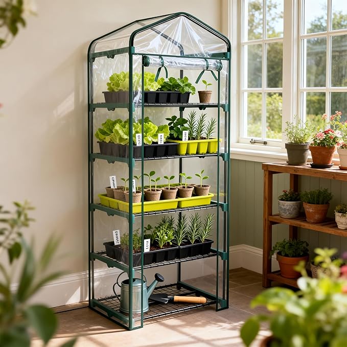 Worth Garden 5 Tier Mini Greenhouse - 75'' H x 27'' L x 19'' W - Sturdy Portable Gardening Shelves with Transparent PVC Cover - Small Porch Green House for Growing Plants Flowers Indoor & Outdoor