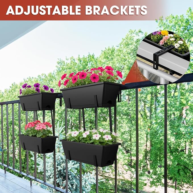 Rectangle Planters Box, 4 Pack Deck Hanging Planters for Railings, Window Box Planter with Drainage Holes & Trays, 16.9 Inch Balcony Planters Railing Hanging with Metal Brackets, Black