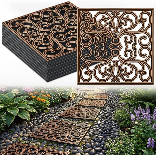 Pangda 8 Pcs Rubber Stepping Stones Outdoor Garden Walkway, 12 x 12 Inch Heavy Duty Pathway Pavers Retro Decorative Stepping Stones for Outside Landscaping Yard Lawn Path(Copper,Scroll Square)