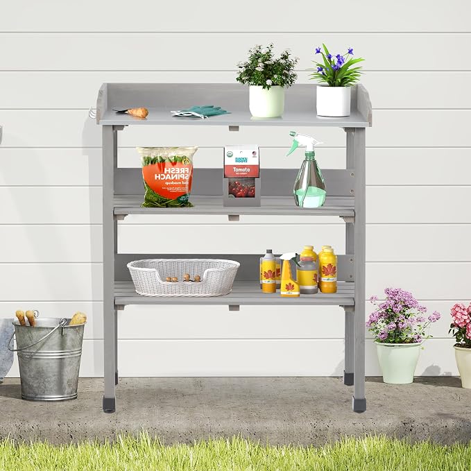 Outdoor Wooden Potting Bench Table, Garden Wood Workstation Planting Table with Metal Top, Storage Shelf, and 3 Hooks for Gardening, Grey