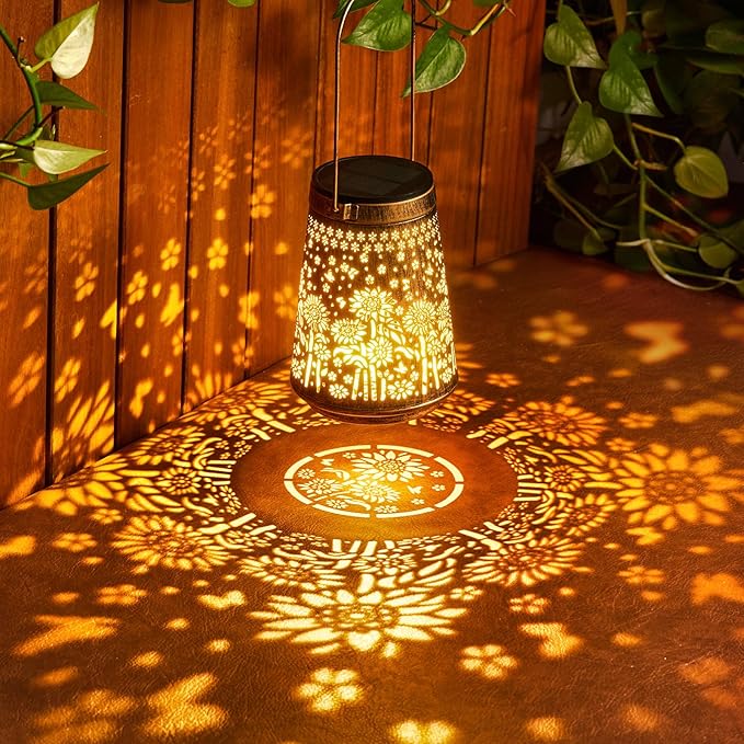 2 Pack Solar Lanterns Outdoor Waterproof Birthday Gifts for Women Mom Grandma, Hollowed-Out Metal Sunflower Hanging Solar Lantern Lights Outdoor Decor, 2 Lighting Modes for Yard, Patio