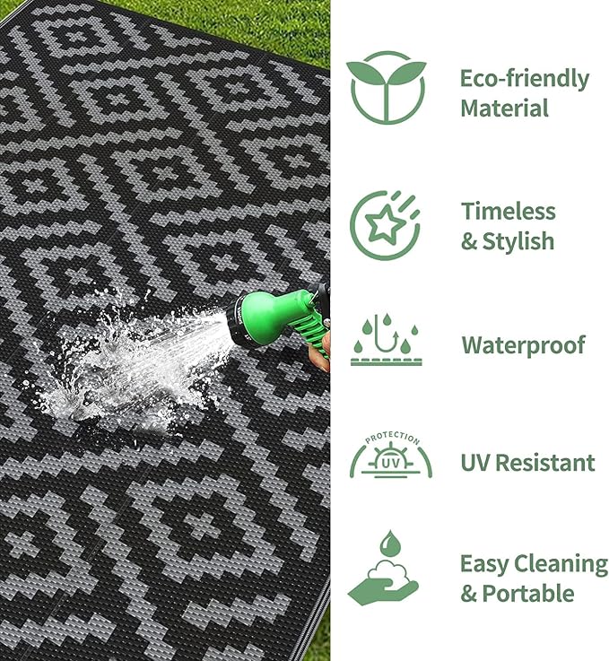GENIMO Outdoor Rugs 3'x5' Waterproof, Reversible Mats, Outdoor Area Rug, Plastic Outside Carpet, Eeometric Rv Mat for Patio Camping Rv Picnic Backyard Deck Balcony Porch Beach Trailer (Black & Grey)