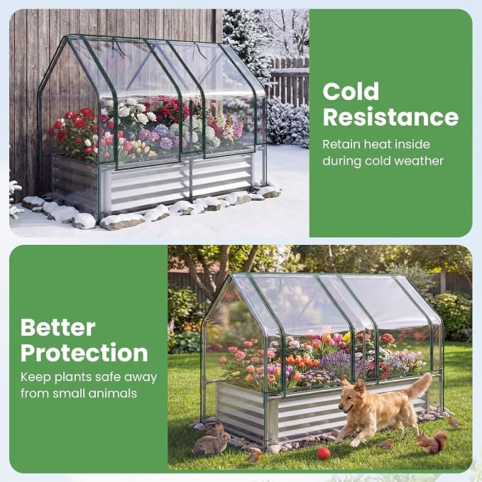 Giantex 4x2x3 FT Galvanized Raised Garden Bed with Greenhouse Cover, Outdoor Elevated Metal Planter Box w/Dual Roll-up Windows, Mini Greenhouse for Patio Balcony Vegetables Herbs Flowers (Silver)