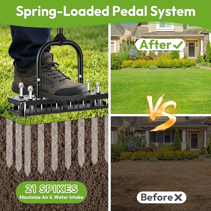 Manual Lawn Aerator Tool, Heavy Duty All Metal with 21 Steel Tines, Spring-Loaded Self-Cleaning for Soil Aeration, Adjustable Height Tool for Garden, Lawn, Yard
