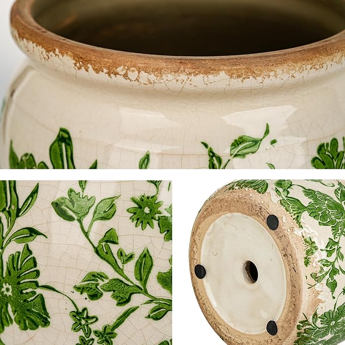 Sungmor Set of 2 Farmhouse Ceramic Planters with Drainage Hole,Vintage Crackle Glaze Flower Pots, Tuscan Decor Pots for Indoor/Outdoor Herbs,Succulents and Small Flowers
