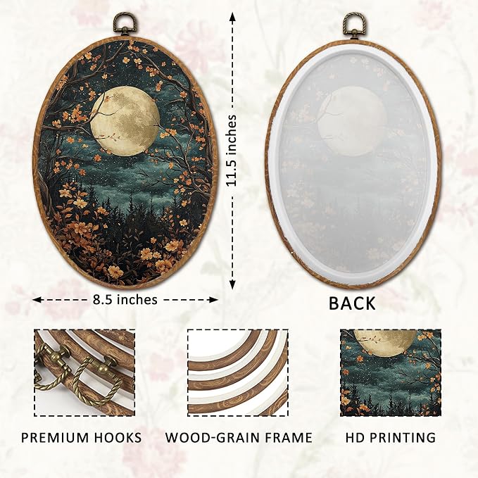 DOFQZ Moody Forest Full Moon Oval Wall Art Decor, Dark Academia Cottagecore Wildflowers Framed Wall Art, Mystical Celestial Night Walls Hanging Decor for Home Living Room Bedroom, 8.5x11.5 Inch