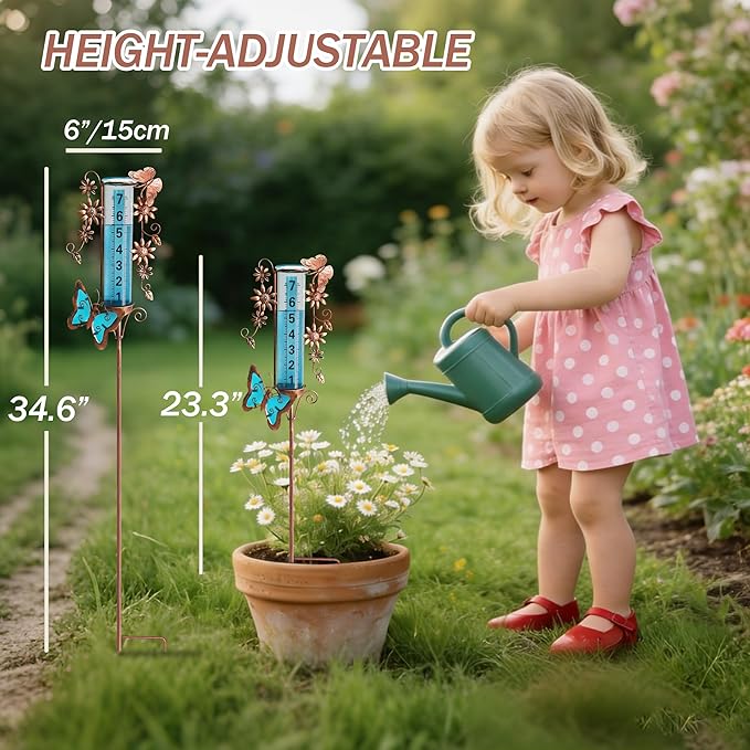 Rain Gauge Outdoor, 7" Freeze Proof Rain Gauges Outdoors Best Rated, Accurate & Easy to Read, Decorative Rain Measure Gauge for Yard Garden Patio(Butterfly & Flower)