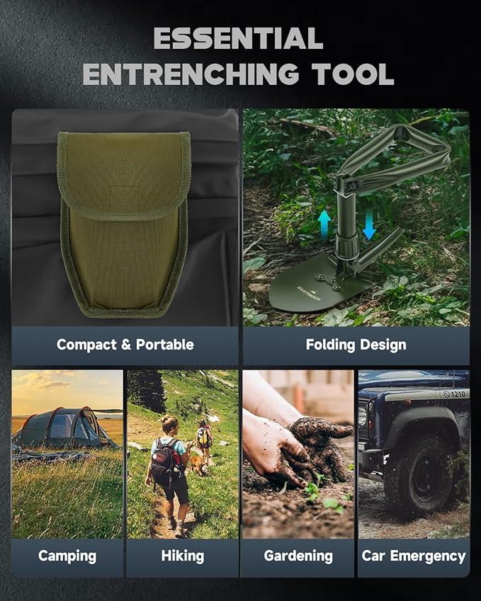 DARTMOOR Folding Shovel, 18" Mini Camping Shovel with Saw Edge, Lightweight Outdoor Survival Shovel for Digging, Camping, Hiking, Garden, Backpacking, with Storage Bag, Green