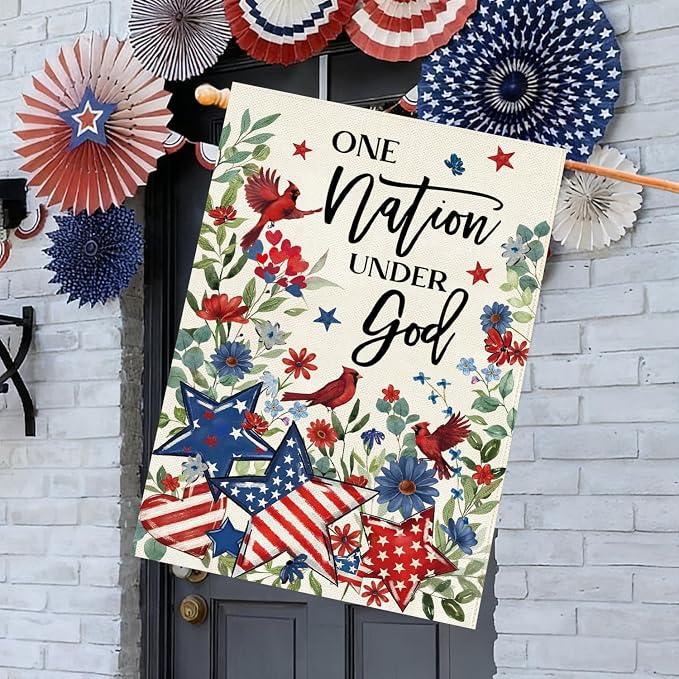 Baccessor 4th of July Cardinal House Flag 28 x 40 Inch Double Sided Burlap,the One Nation Under God Patriotic Memorial Day American Summer Yard Holiday Seasonal Outdoor Outside Decoration